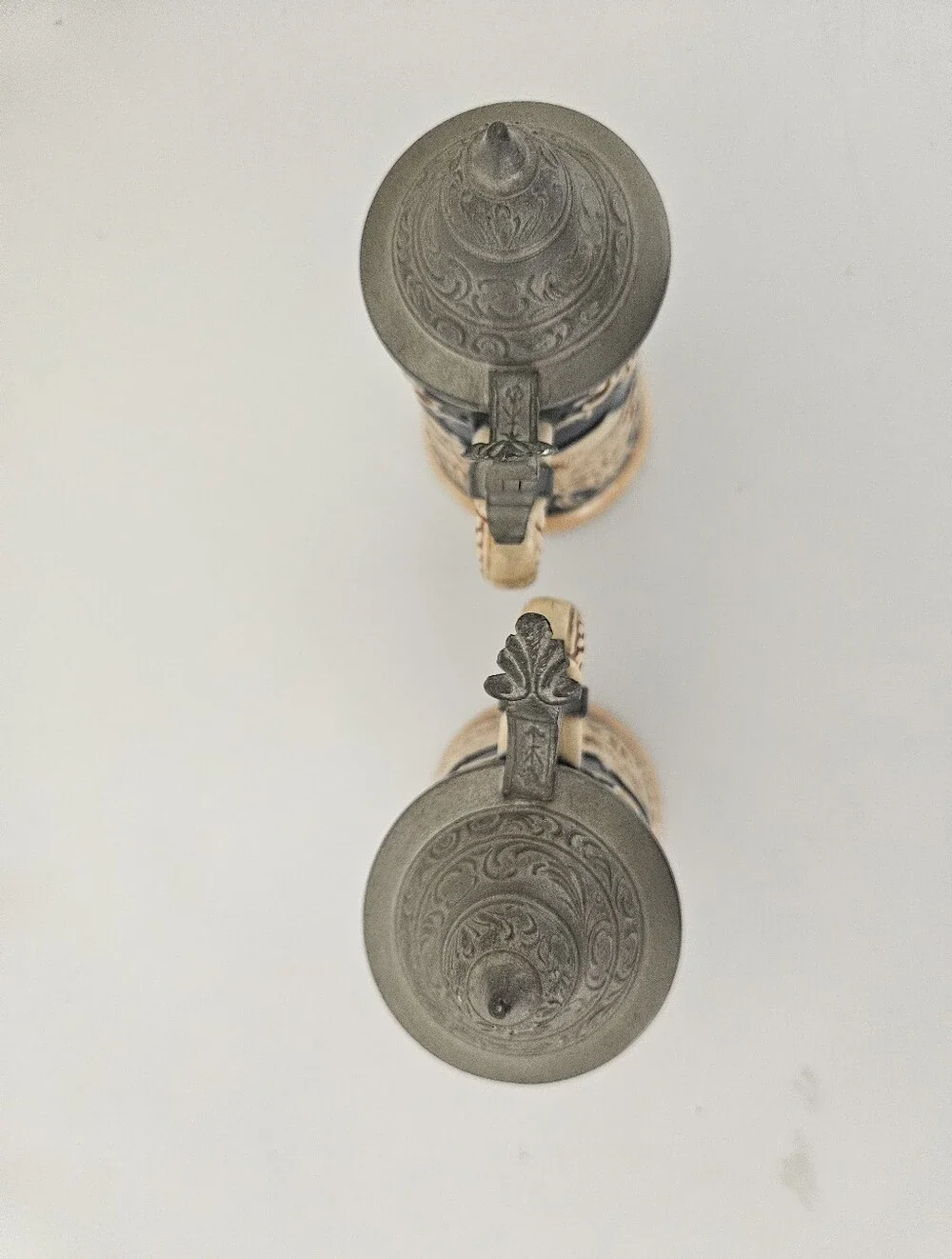 German Stoneware Bavarian Folk Cobalt Blue Steins Pewter Lids x 2 | SZ 5